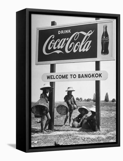 Billboard Advertising Coca Cola at Outskirts of Bangkok with Welcoming Sign "Welcome to Bangkok"-Dmitri Kessel-Framed Premier Image Canvas