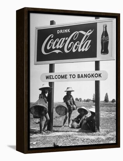 Billboard Advertising Coca Cola at Outskirts of Bangkok with Welcoming Sign "Welcome to Bangkok"-Dmitri Kessel-Framed Premier Image Canvas