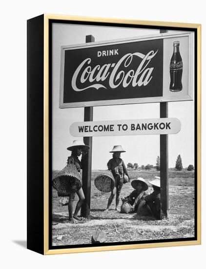 Billboard Advertising Coca Cola at Outskirts of Bangkok with Welcoming Sign "Welcome to Bangkok"-Dmitri Kessel-Framed Premier Image Canvas