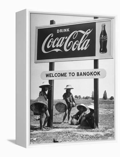 Billboard Advertising Coca Cola at Outskirts of Bangkok with Welcoming Sign "Welcome to Bangkok"-Dmitri Kessel-Framed Premier Image Canvas