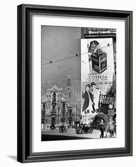 Billboard in the Piazza Del Duomo features Abbott and Costello, Whom Italians Call Cianni E Pinotto-Alfred Eisenstaedt-Framed Photographic Print