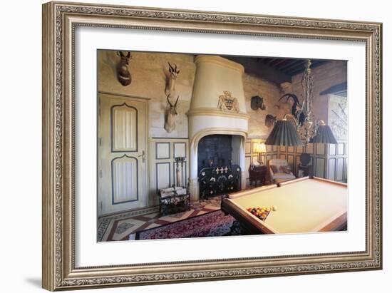 Billiard Room with Hunting Trophy, Chateau of Fayrac, Castelnaud-La-Chapelle, Aquitaine, France-null-Framed Photographic Print