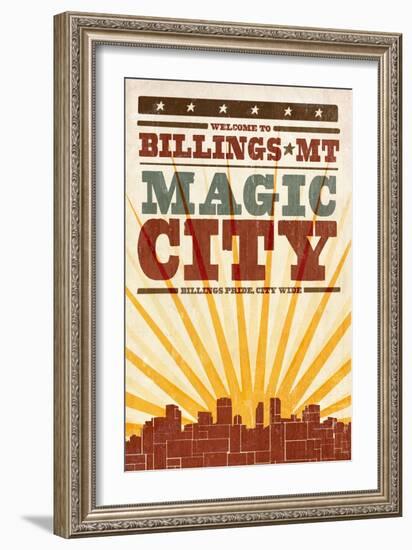 Billings, Montana - Skyline and Sunburst Screenprint Style-Lantern Press-Framed Art Print