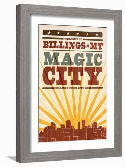 Billings, Montana - Skyline and Sunburst Screenprint Style-Lantern Press-Framed Art Print