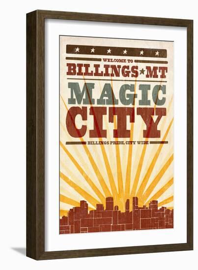 Billings, Montana - Skyline and Sunburst Screenprint Style-Lantern Press-Framed Art Print