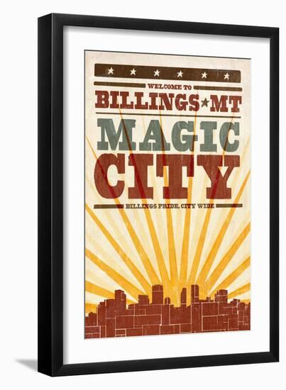 Billings, Montana - Skyline and Sunburst Screenprint Style-Lantern Press-Framed Art Print