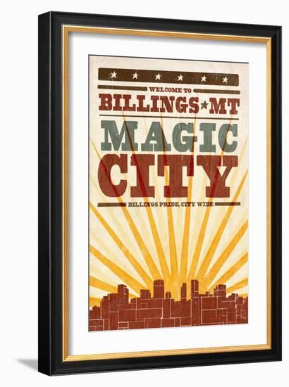 Billings, Montana - Skyline and Sunburst Screenprint Style-Lantern Press-Framed Art Print