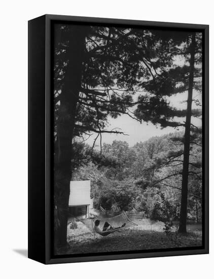 Billy Graham Reading the Bible Outside the Cabin Where He Seeks Seclusion-Ed Clark-Framed Premier Image Canvas