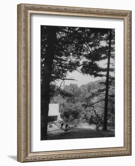 Billy Graham Reading the Bible Outside the Cabin Where He Seeks Seclusion-Ed Clark-Framed Photographic Print