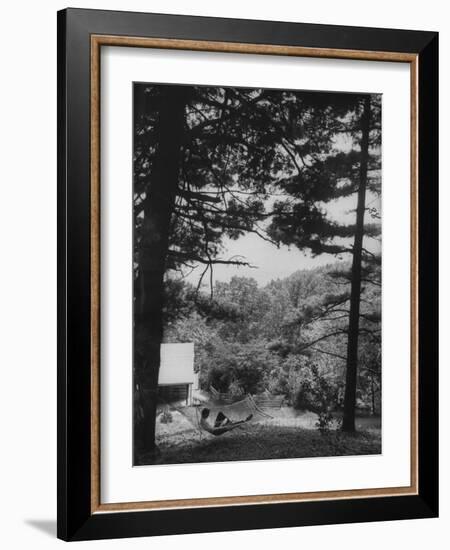 Billy Graham Reading the Bible Outside the Cabin Where He Seeks Seclusion-Ed Clark-Framed Photographic Print
