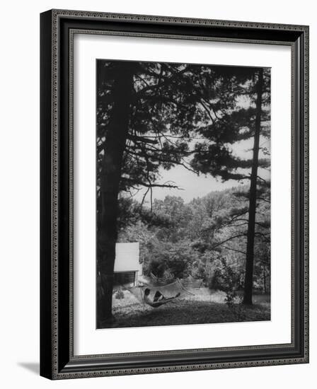 Billy Graham Reading the Bible Outside the Cabin Where He Seeks Seclusion-Ed Clark-Framed Photographic Print