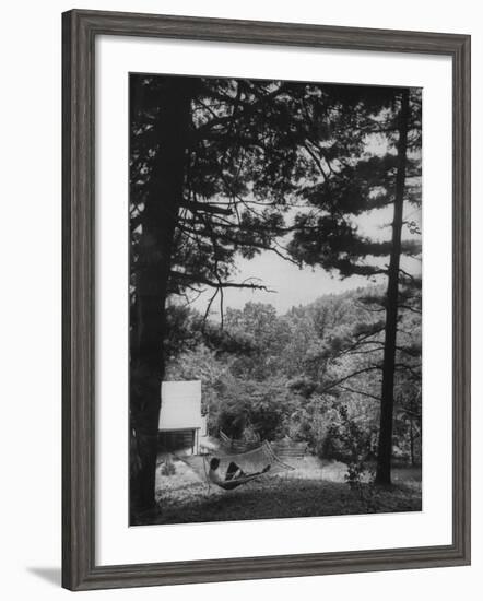 Billy Graham Reading the Bible Outside the Cabin Where He Seeks Seclusion-Ed Clark-Framed Photographic Print