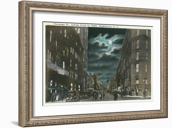 Binghamton, New York - Northern View of Chenango Street at Night-Lantern Press-Framed Art Print