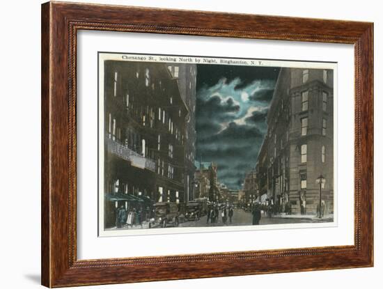 Binghamton, New York - Northern View of Chenango Street at Night-Lantern Press-Framed Art Print