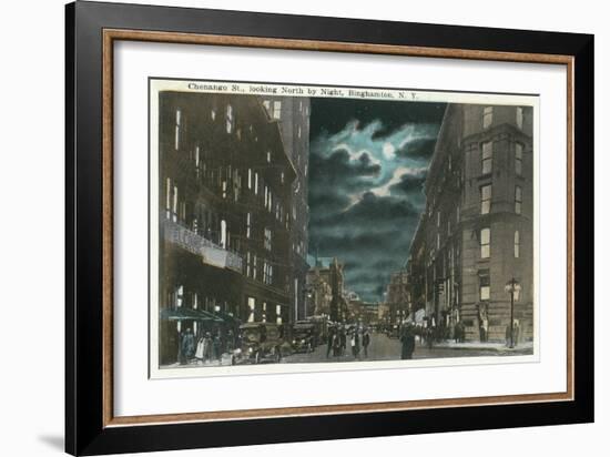Binghamton, New York - Northern View of Chenango Street at Night-Lantern Press-Framed Art Print
