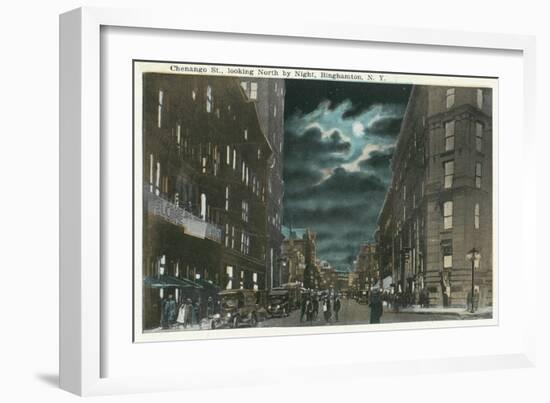 Binghamton, New York - Northern View of Chenango Street at Night-Lantern Press-Framed Art Print