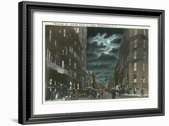 Binghamton, New York - Northern View of Chenango Street at Night-Lantern Press-Framed Art Print