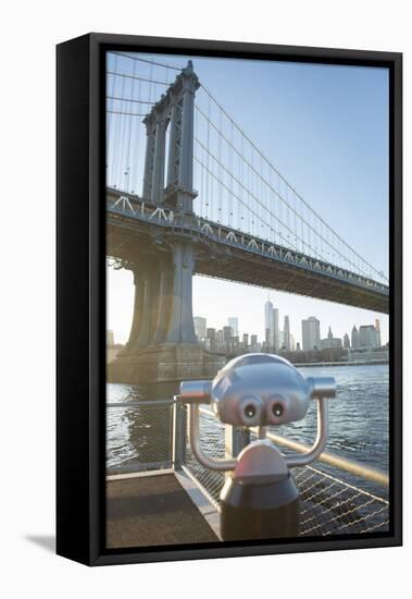 Binoculars facing the Manhattan Bridge, Brooklyn Bridge Park, New York City, New York-Greg Probst-Framed Premier Image Canvas