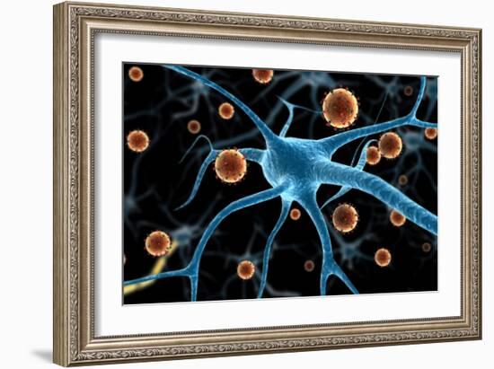 Biomedical illustration of the eastern equine encephalitis disease attaching to a neuron.-Stocktrek Images-Framed Art Print