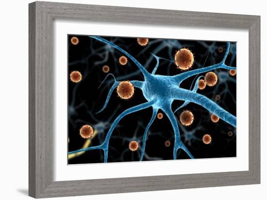 Biomedical illustration of the eastern equine encephalitis disease attaching to a neuron.-Stocktrek Images-Framed Art Print