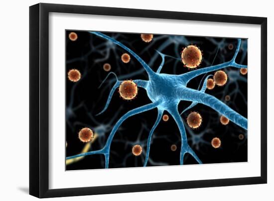 Biomedical illustration of the eastern equine encephalitis disease attaching to a neuron.-Stocktrek Images-Framed Art Print
