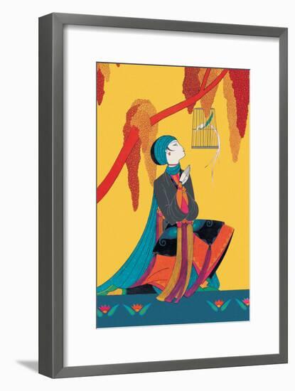 Bird and Kneeling Girl-null-Framed Art Print