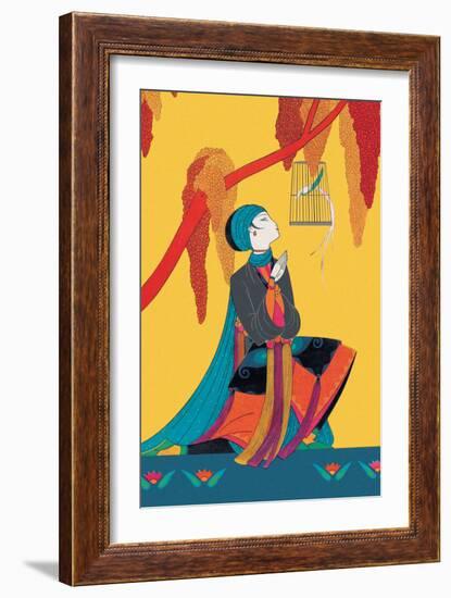 Bird and Kneeling Girl-null-Framed Art Print