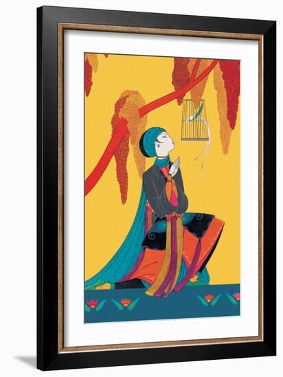 Bird and Kneeling Girl-null-Framed Art Print