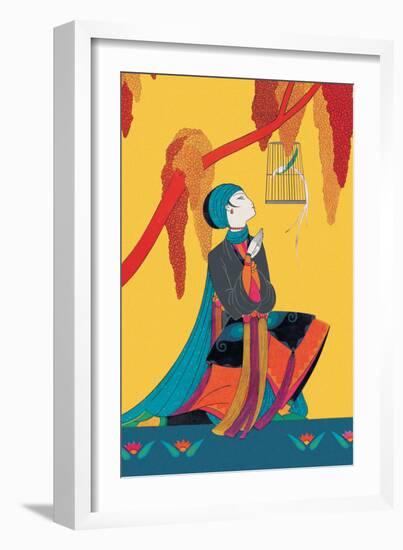 Bird and Kneeling Girl-null-Framed Art Print