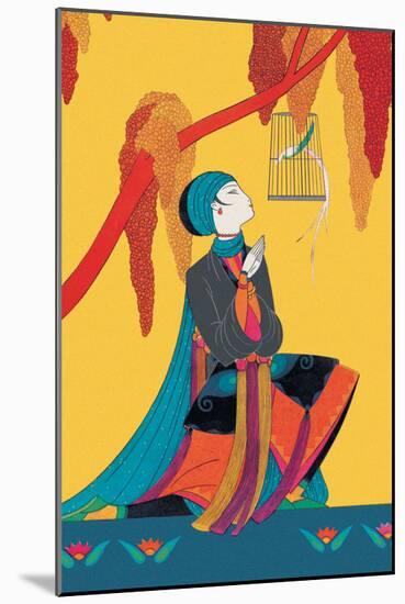 Bird and Kneeling Girl-null-Mounted Art Print