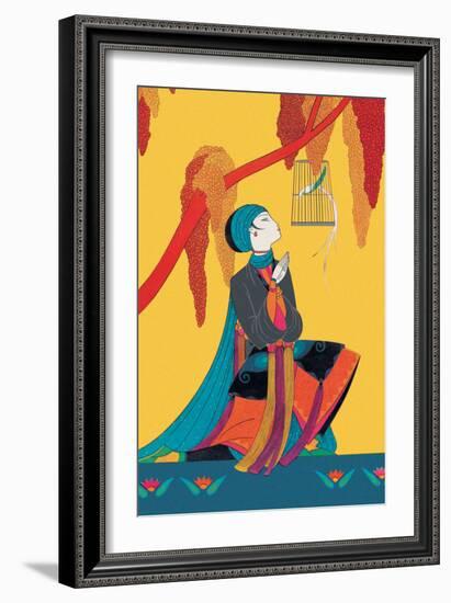 Bird and Kneeling Girl-null-Framed Art Print