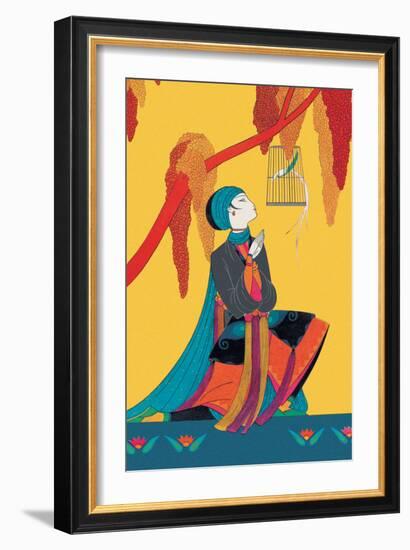 Bird and Kneeling Girl-null-Framed Art Print