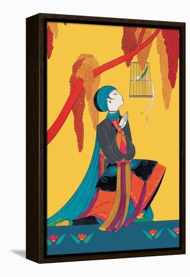 Bird and Kneeling Girl-null-Framed Stretched Canvas