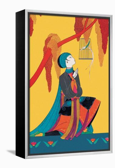Bird and Kneeling Girl-null-Framed Stretched Canvas
