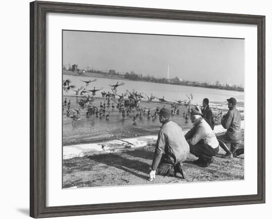 Bird Counters of the Audubon Society Observing Flock of Pintail and Mallard Ducks-Francis Miller-Framed Premium Photographic Print