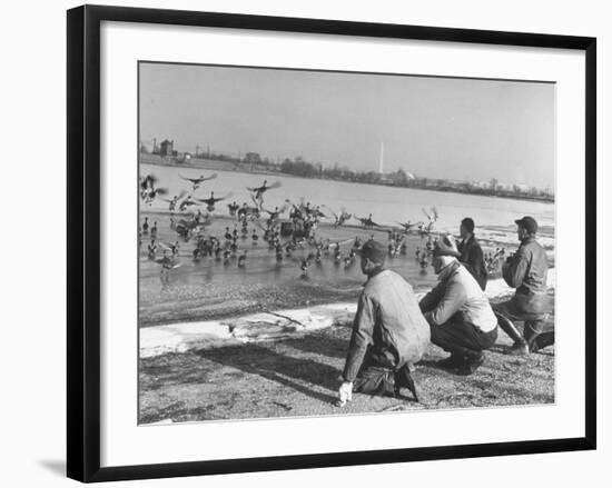 Bird Counters of the Audubon Society Observing Flock of Pintail and Mallard Ducks-Francis Miller-Framed Premium Photographic Print