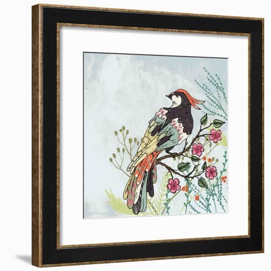 Bird on a Branch Vector Illustration-Maria Sem-Framed Premium Giclee Print