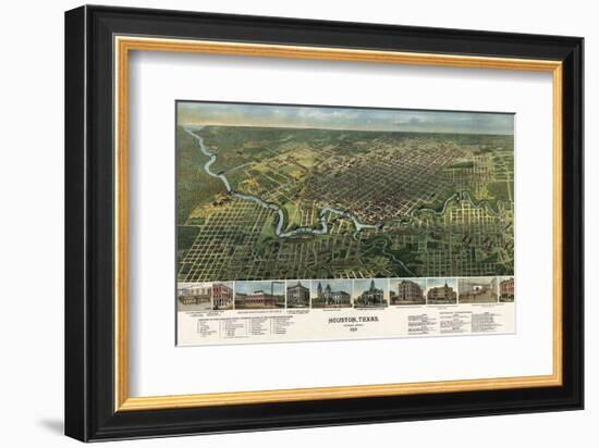 Bird’s Eye Map of Houston, Texas, 1891-Vintage Reproduction-Framed Art Print