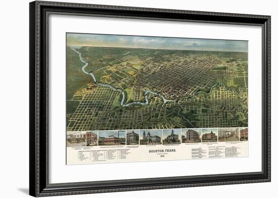 Bird’s Eye Map of Houston, Texas, 1891-Vintage Reproduction-Framed Art Print