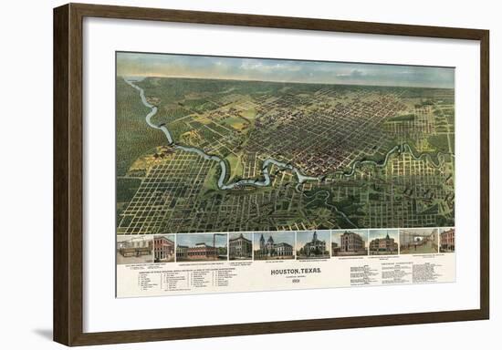 Bird’s Eye Map of Houston, Texas, 1891-Vintage Reproduction-Framed Art Print