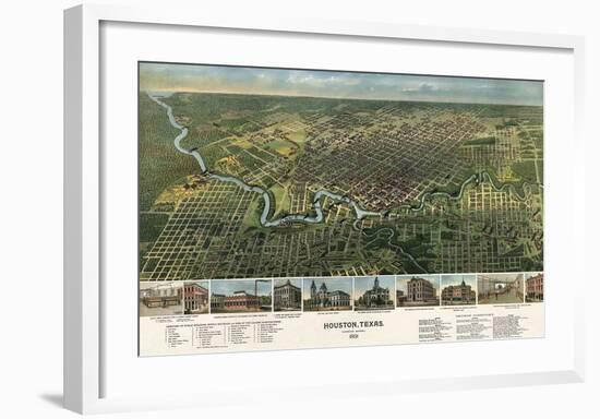 Bird’s Eye Map of Houston, Texas, 1891-Vintage Reproduction-Framed Art Print