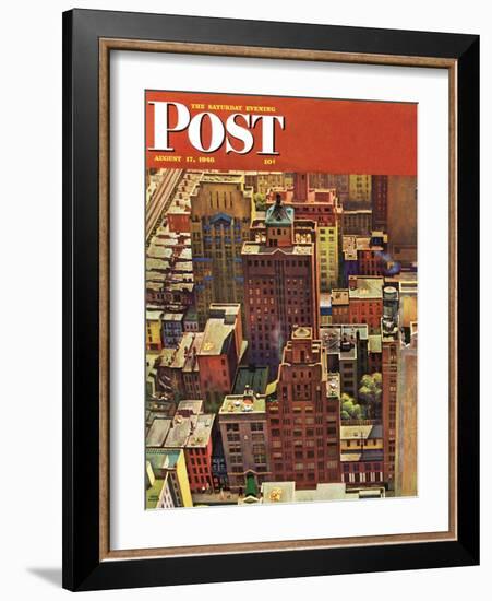 "Bird's-Eye View of New York City," Saturday Evening Post Cover, August 17, 1946-John Falter-Framed Giclee Print