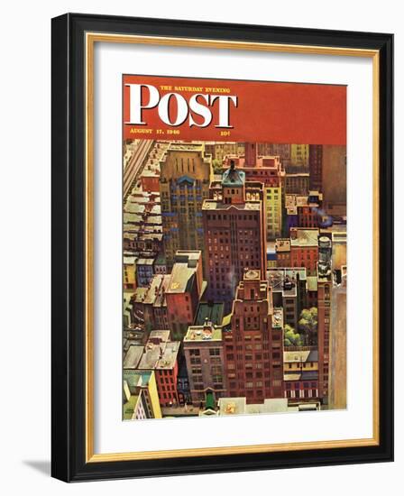 "Bird's-Eye View of New York City," Saturday Evening Post Cover, August 17, 1946-John Falter-Framed Giclee Print