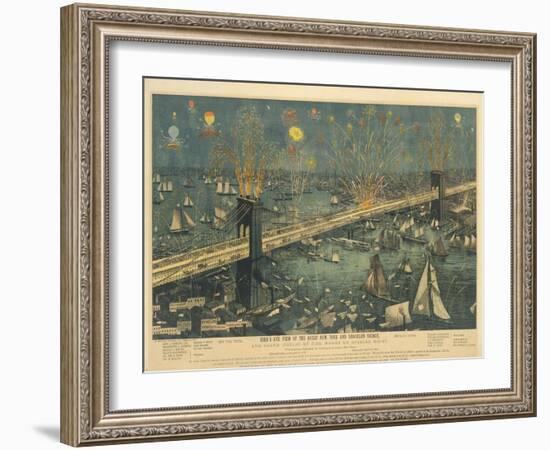 Bird's-Eye View of the Great New York and Brooklyn Bridge and Grand Display of Fireworks, 1883-American School-Framed Giclee Print