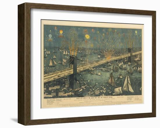 Bird's-Eye View of the Great New York and Brooklyn Bridge and Grand Display of Fireworks, 1883-American School-Framed Giclee Print