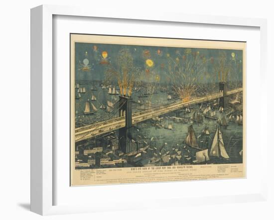 Bird's-Eye View of the Great New York and Brooklyn Bridge and Grand Display of Fireworks, 1883-American School-Framed Giclee Print