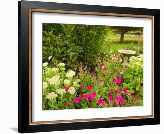 Birdbath and Flowers, Oakland House Seaside Resort, Brooksville-Jerry & Marcy Monkman-Framed Photographic Print