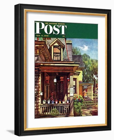 "Birdhouse Builder," Saturday Evening Post Cover, May 8, 1948-John Falter-Framed Giclee Print