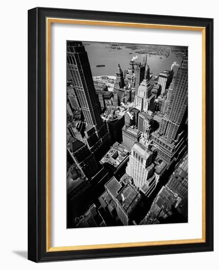 Birds Eye View of New York City Looking Southeast Downtown Towards Battery Park-Andreas Feininger-Framed Photographic Print