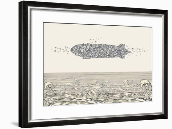 Birds Flock in Zeppelin Formation above the Sea-RYGER-Framed Art Print